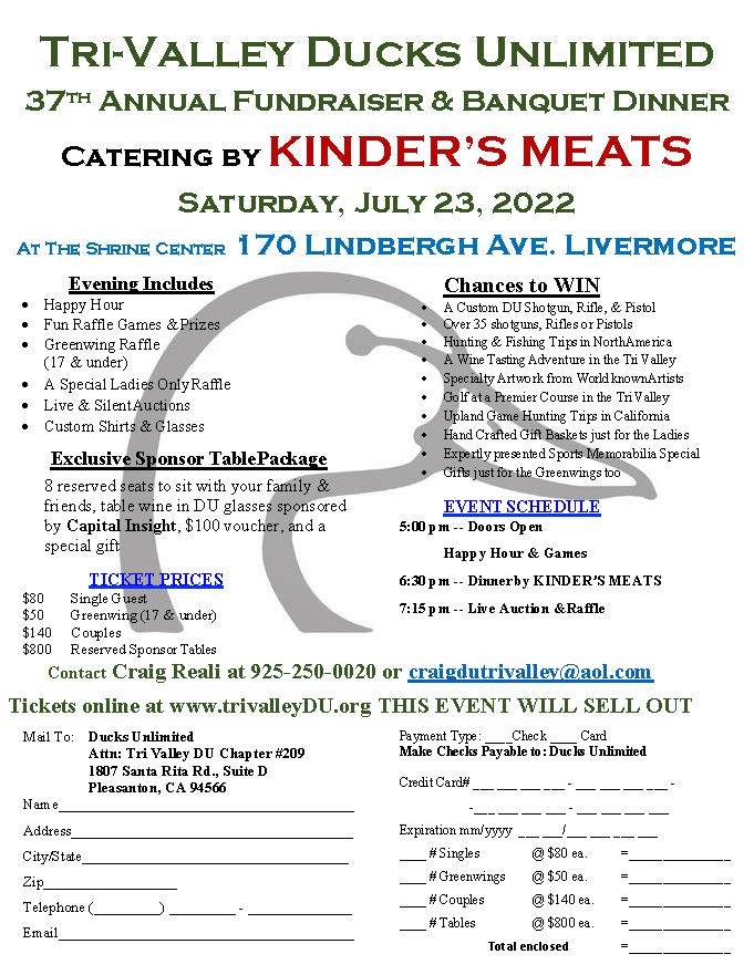 📣PUBLIC EVENT - Ducks Unlimited (DU) Tri-Valley 37th Annual Banquet (Catered by Kinder's Meats) Expand For More Info @ Shrine Center 170 Lindbergh Ave, Livermore, CA 94551
