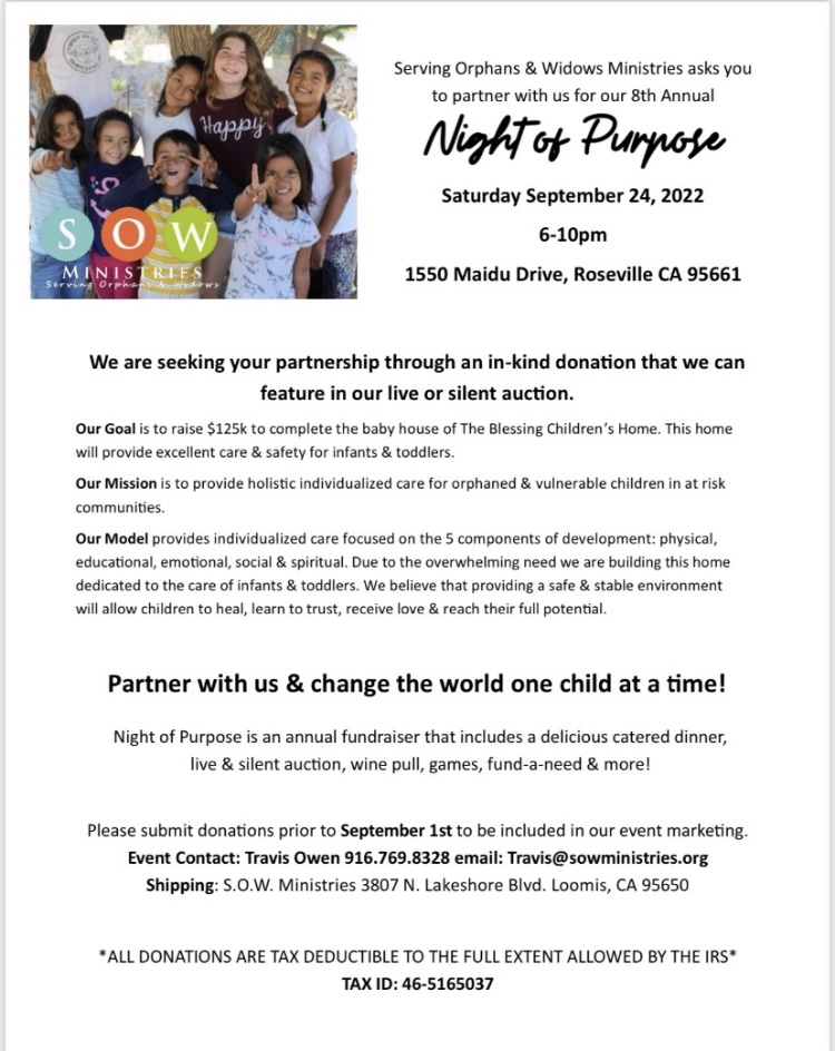📢Public Event - Serving Orphans & Widows Ministries (SOW) 8th Annual "Night of Purpose" - Roseville @ 1550 Maidu Dr. Roseville, CA 95661 408.712.8019
