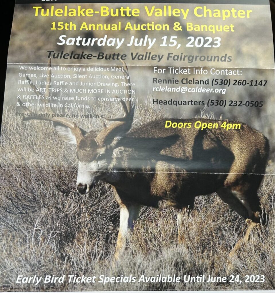 📣PUBLIC EVENT – California Deer Association (CDA) Tulelake / Butte Valley Banquet  – Tulelake-Butte Fairgrounds @ 800 Main Street Tulelake, CA 96314 408.712.8019